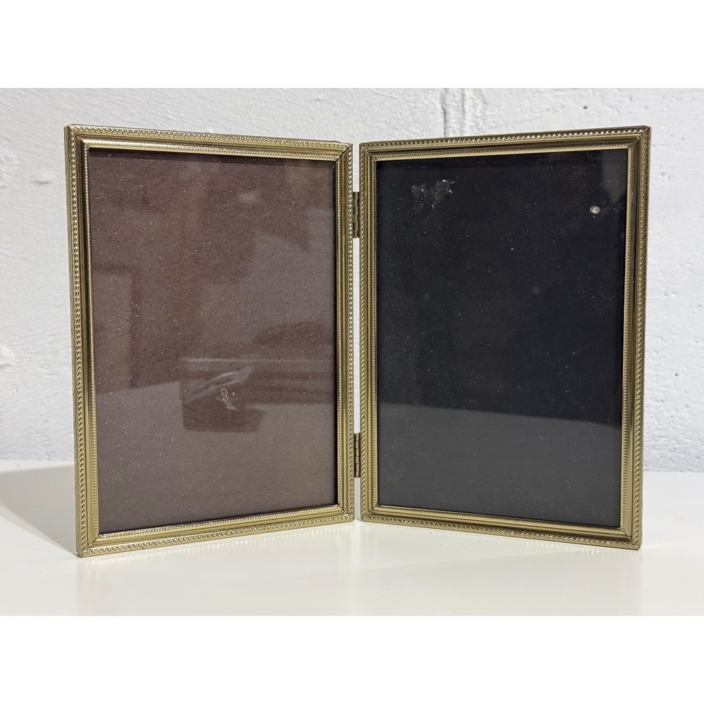 Vintage Gold Double Hinged 5x7 Picture Frame Ornate Embossed Metal Floral